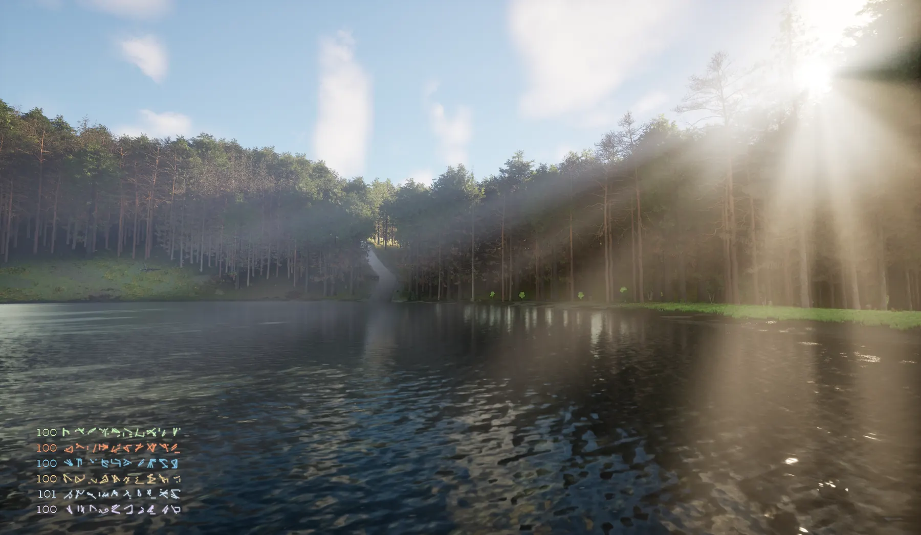Dawn over the lake, light breaking through the pines.