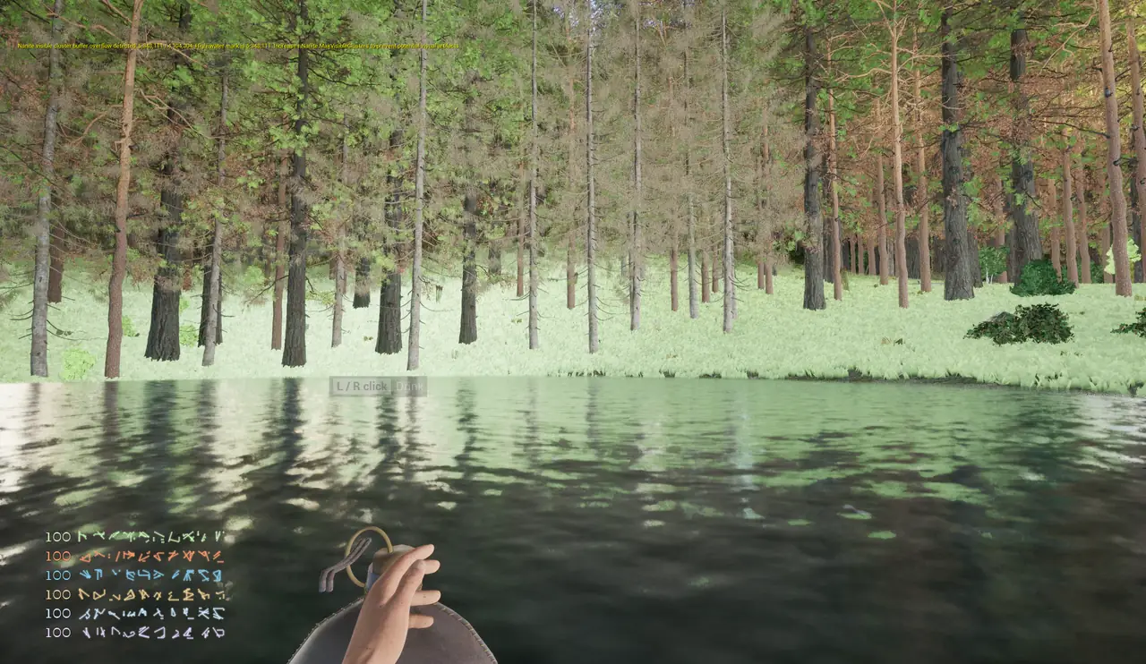 First-person view across a forest lake, a hooked line held in frame, resource counts in the tribal script at the bottom left.
